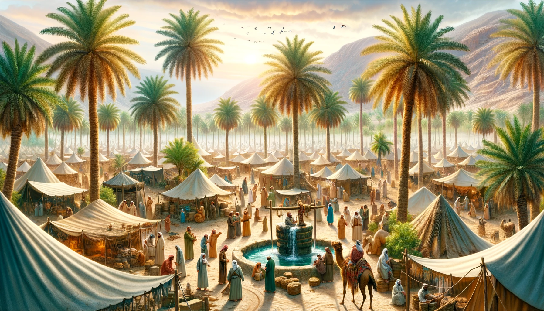 DALLA_E_2023-12-20_03.38.50_-_An_ancient_Arab_tribe_the_Jurhum_tribe_living_around_a_bustling_oasis_with_palm_trees_and_tents._People_are_gathering_water_from_the_Zamzam_well_sh.png